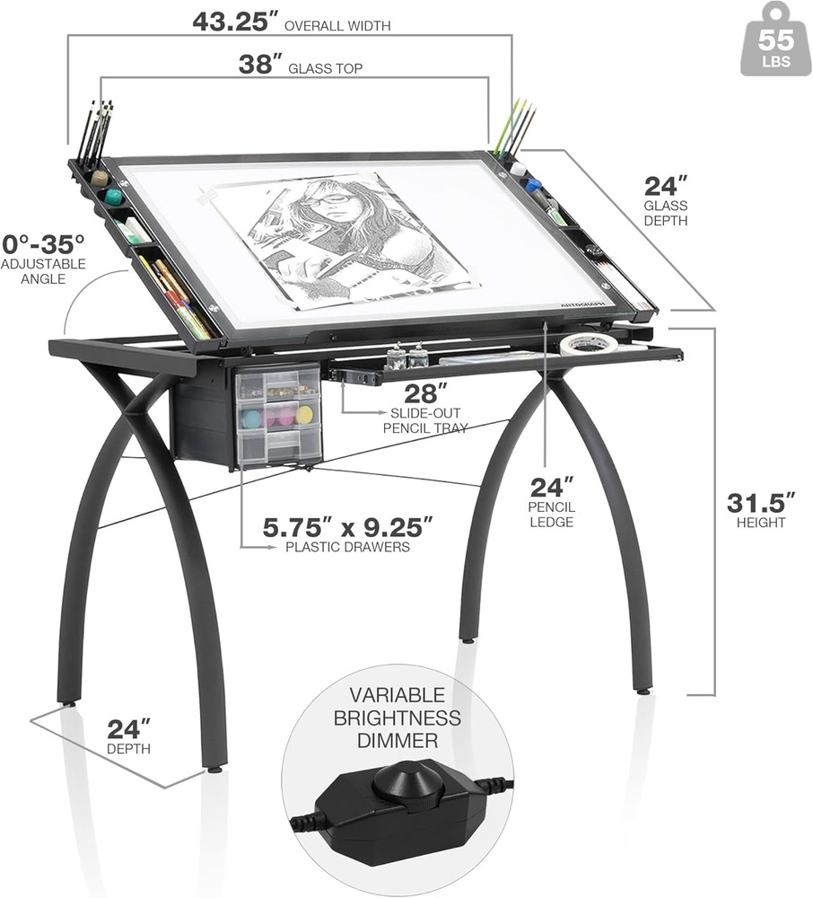 Adjustable Dimmable Light Tracing Table for Artists with Storage Solutions