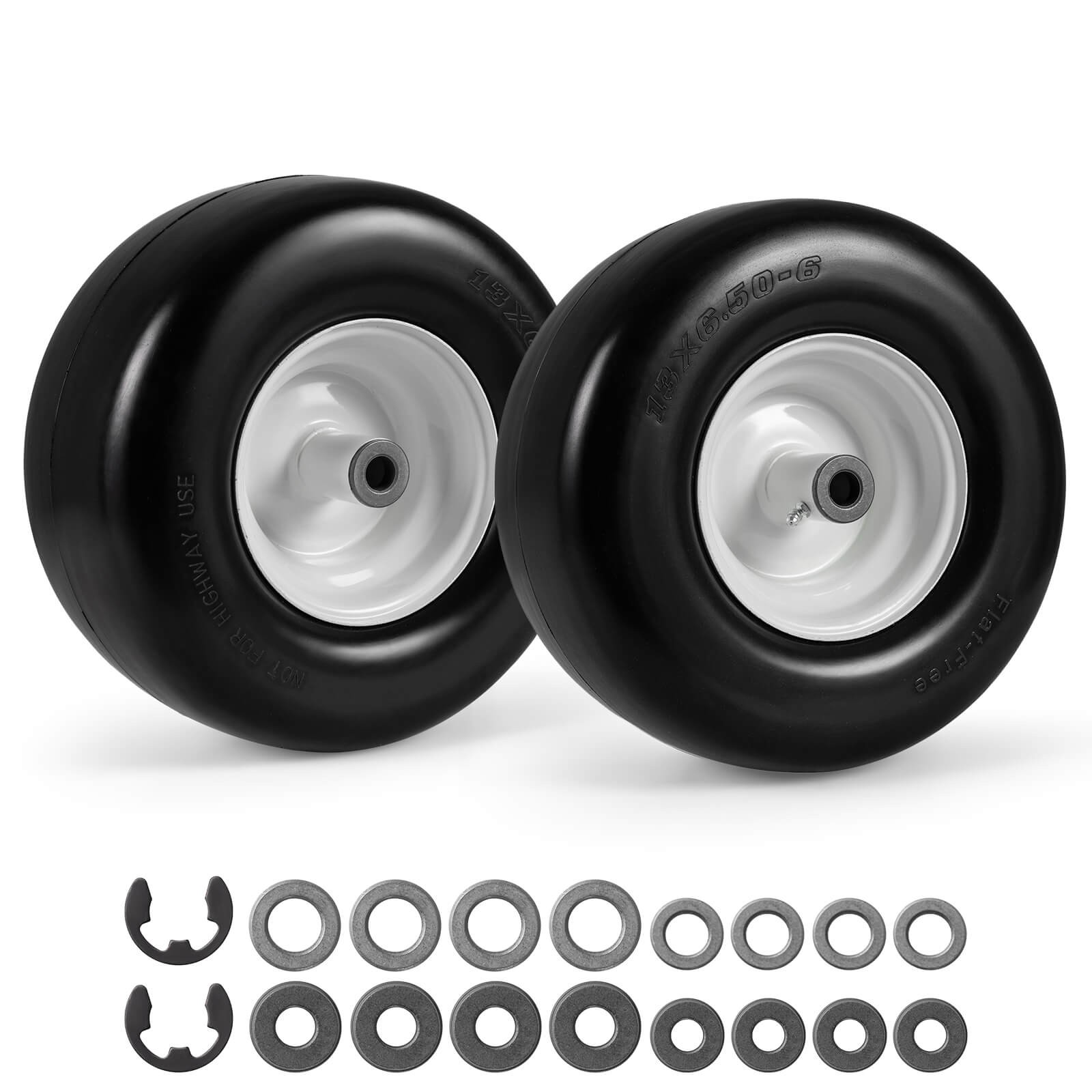 2 Pack 13 x 6.50-6 Flat Free Tires & Wheels w/5.5”-6.8”Centered Hub 3/4” Bushing