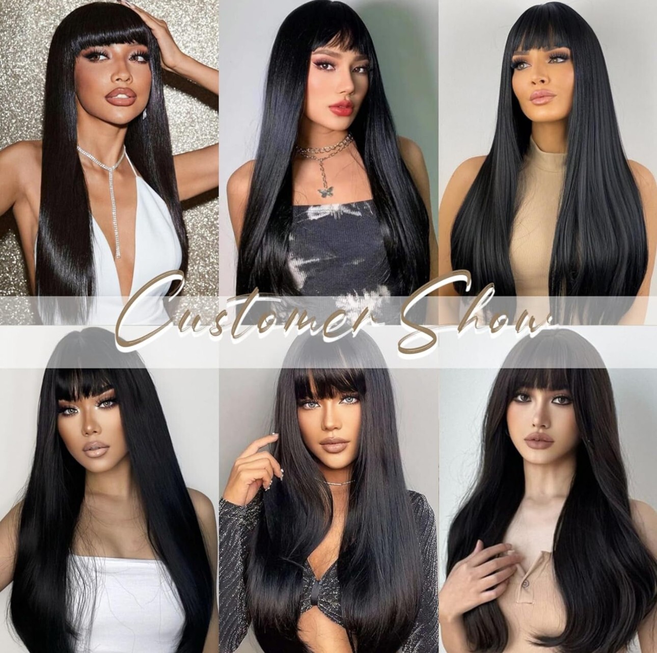 24 Inch Straight Long Black Wig with Bangs, Synthetic Hair Wigs