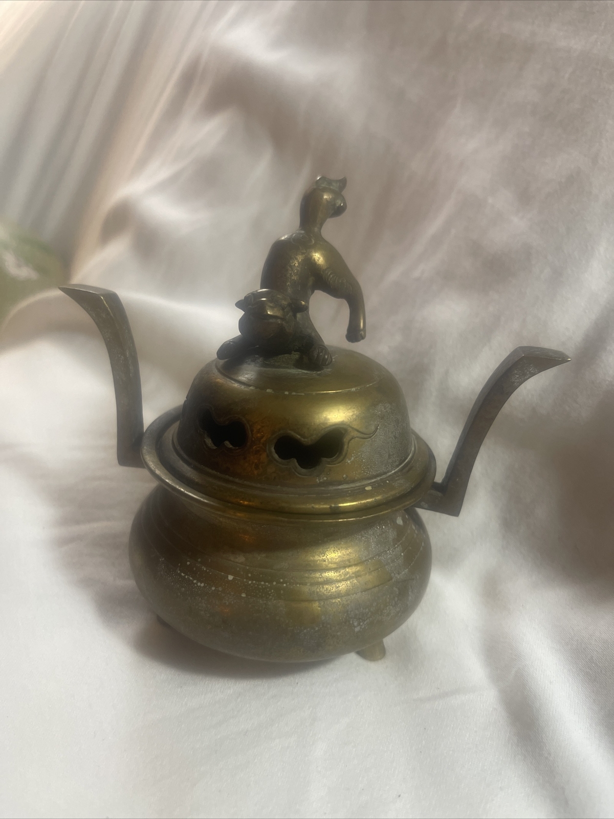 Antique Solid Brass Chinese Foo Dog Sensor Incense Burner Guardian Lion