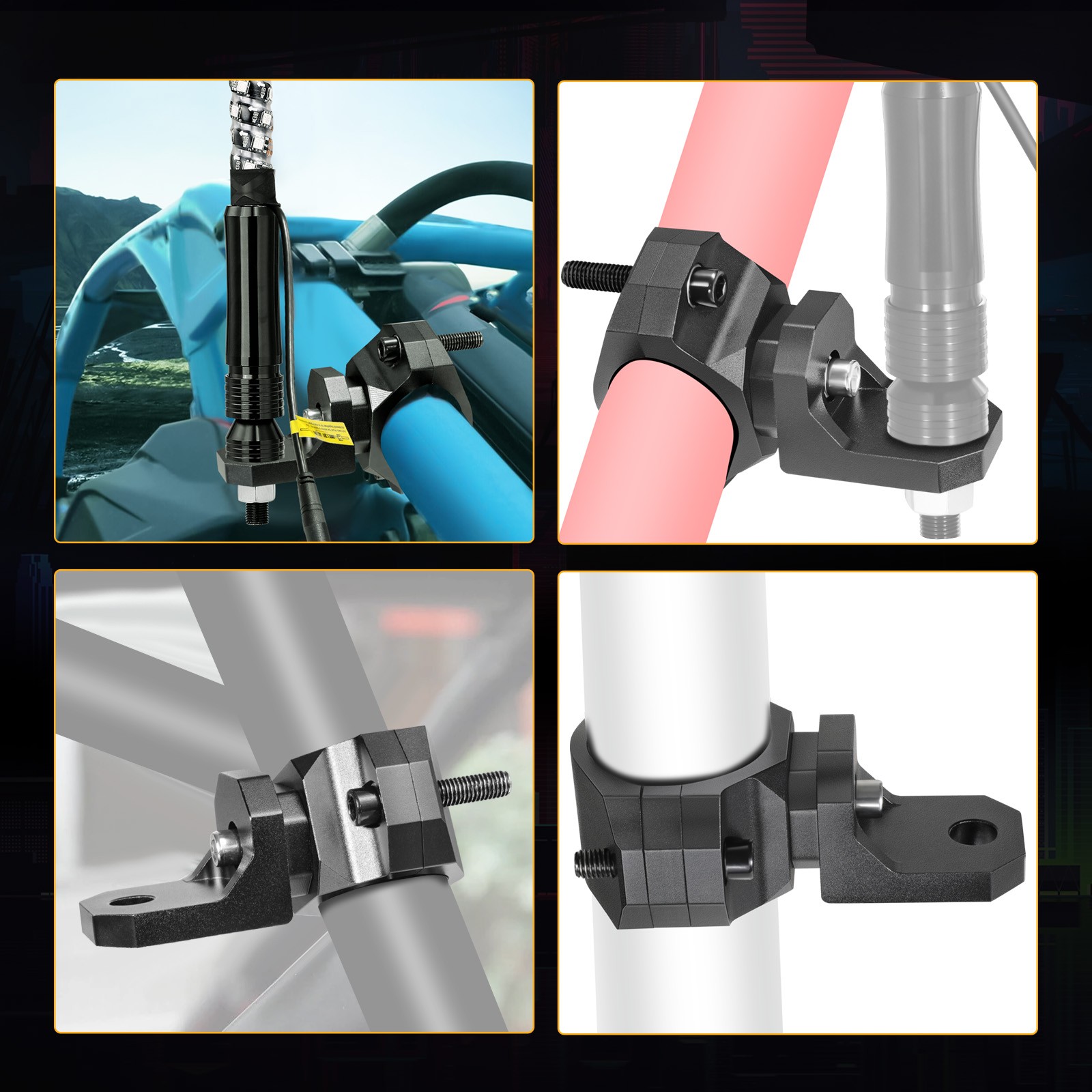 UTV Whip Light Mount Flag Bracket 360°Adjustable For 1.5"-2" Roll Bar Mounting