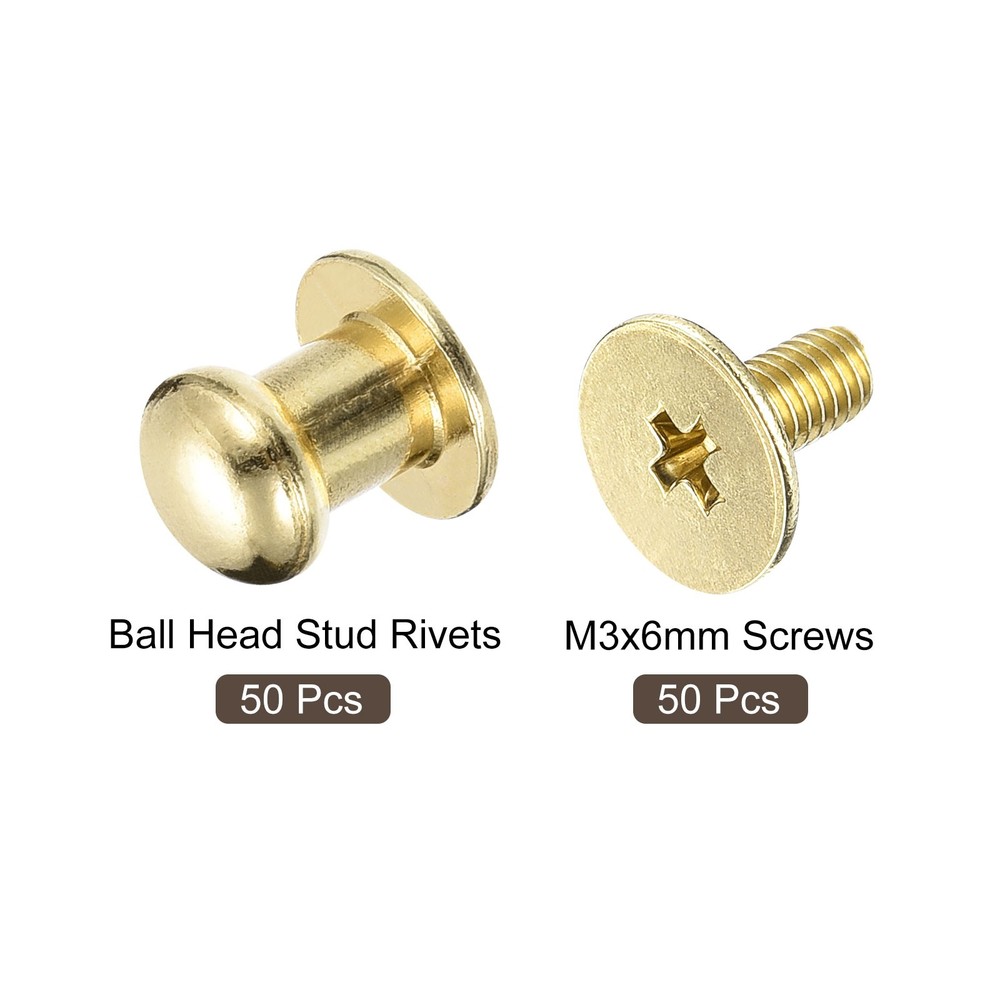 6mm Ball Head Stud Rivets Screw Back, 50Pack Round Head Button, Light Golden
