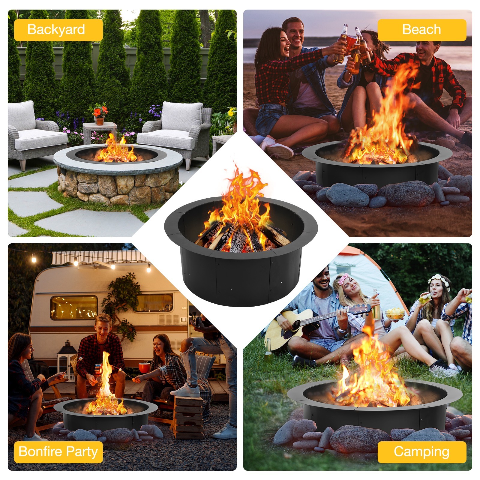Aoodor 36'' Fire Pit Ring Heavy Duty Metal Round Fire Pit for DIY Wood Burning