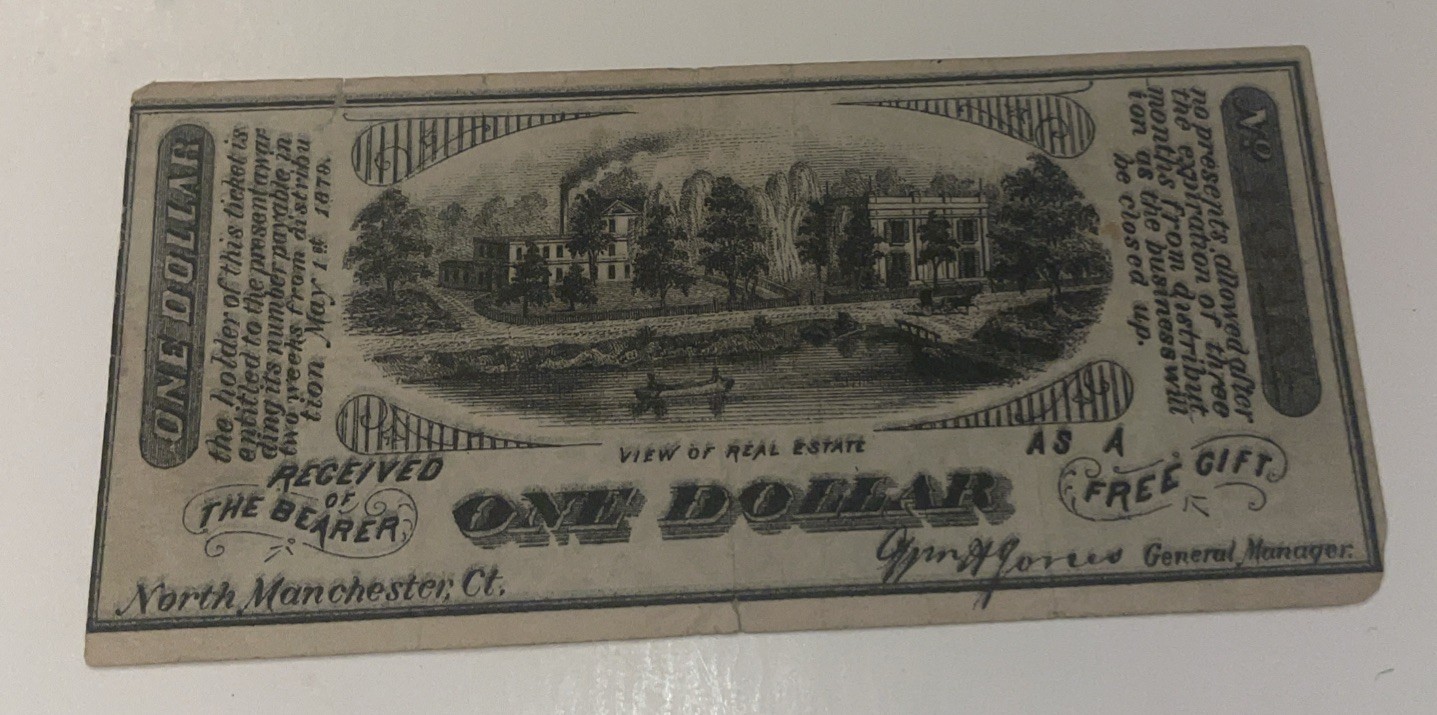 Very Rare 1879 1 Dollar Bill/Coupon Award Manchester Connecticut
