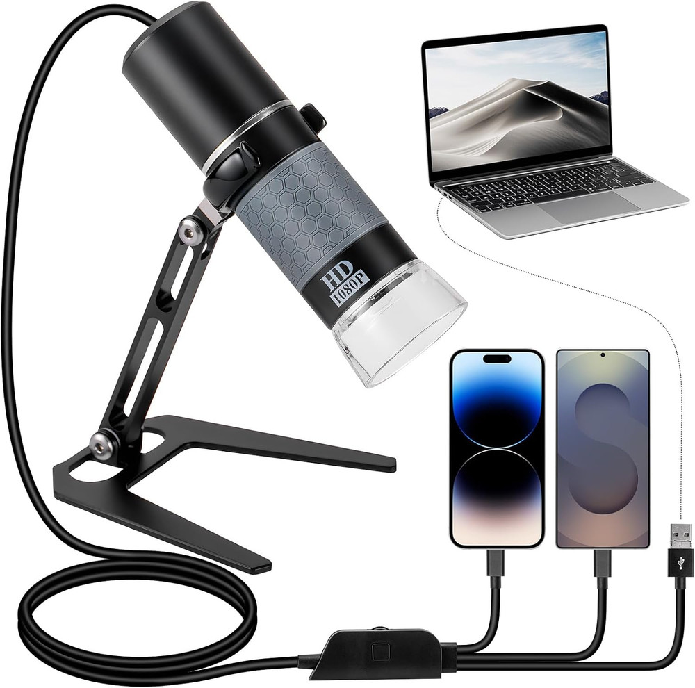 1080P USB Microscope with Metal Stand 50X-1000X Handheld Digital Microscope