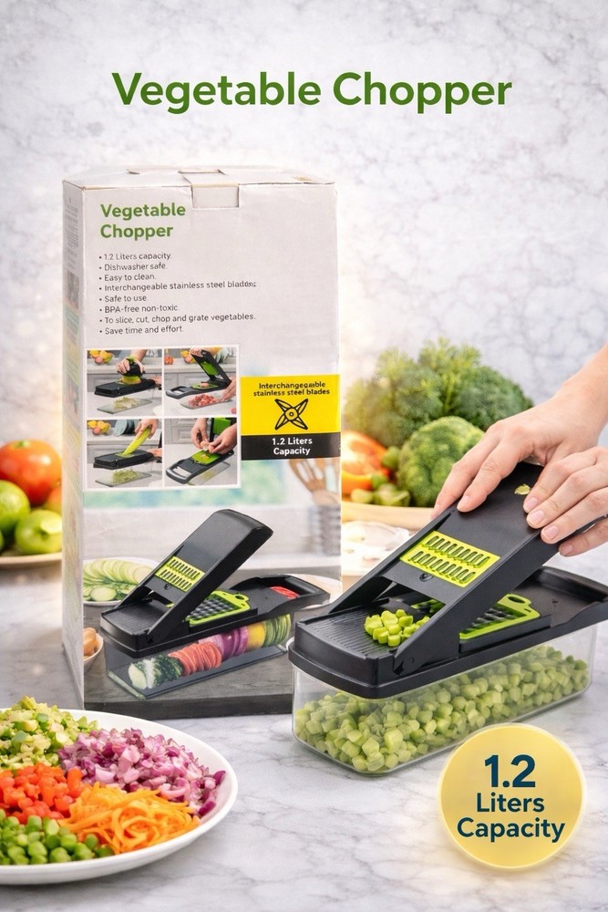 Vegetable Chopper Push Function 1.2L Black Green Interchangeable Blades Dishwas…
