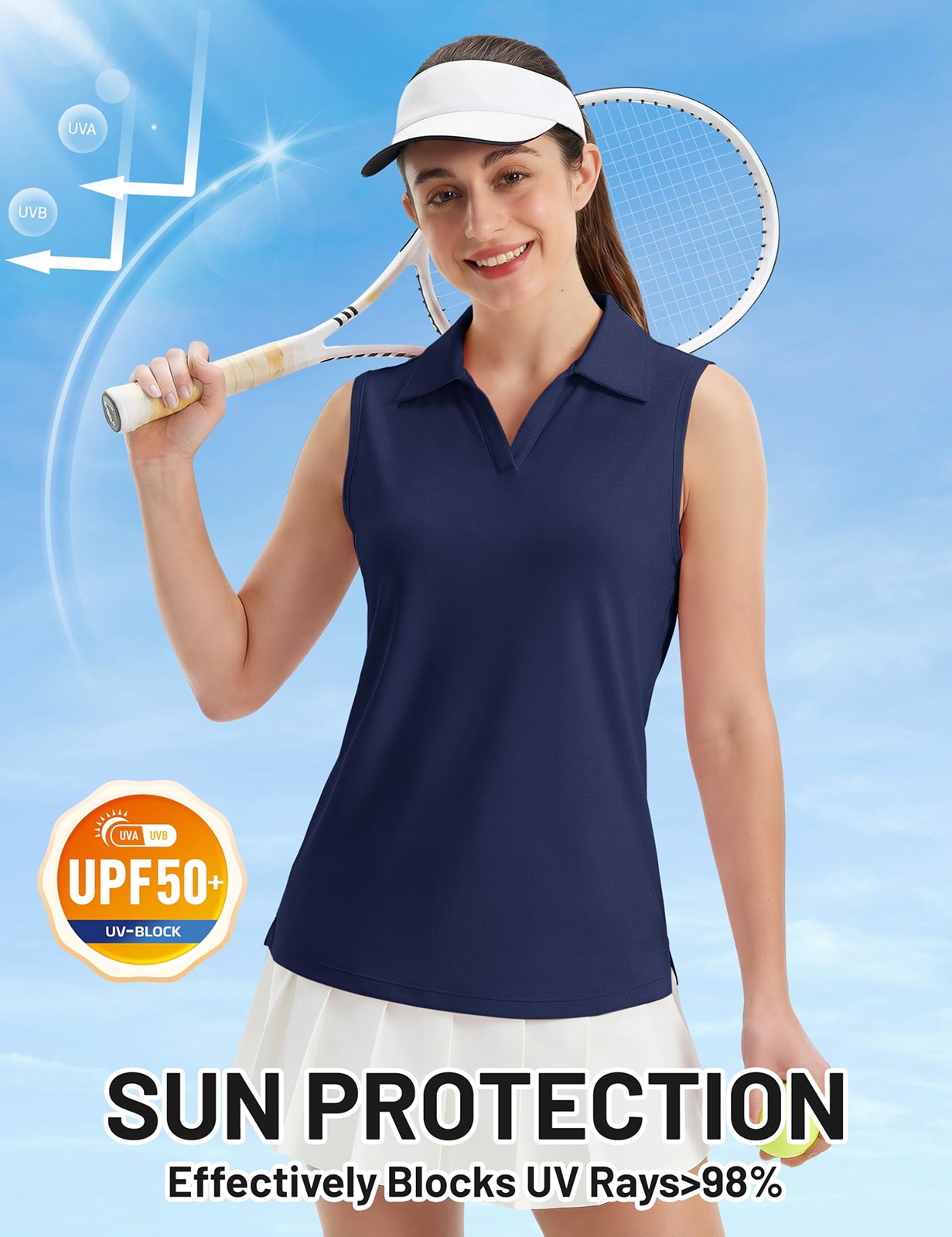 Womens Golf Shirt Sleeveless UPF 50+ Polo Shirt Collared Tennis V Neck Tank Tops