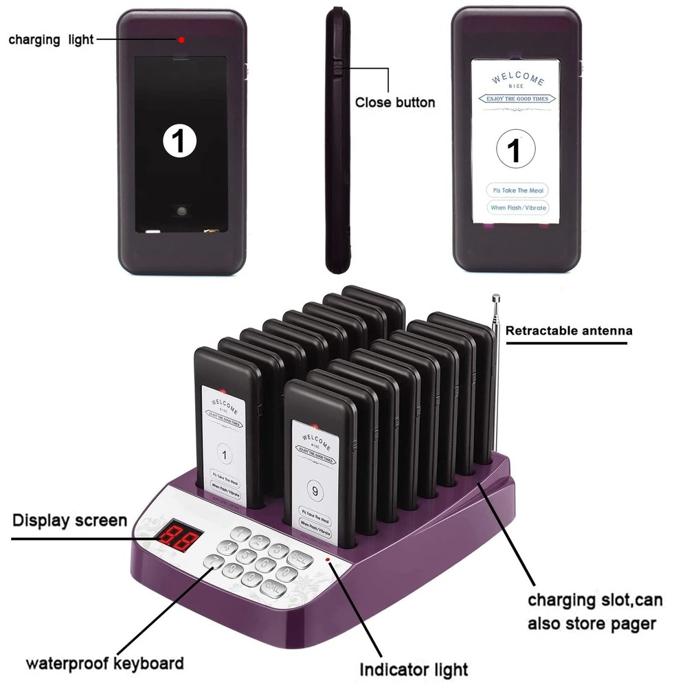 Pager Restaurant System 16 Buzzers Vibration Flashing Wireless Calling Guest ...