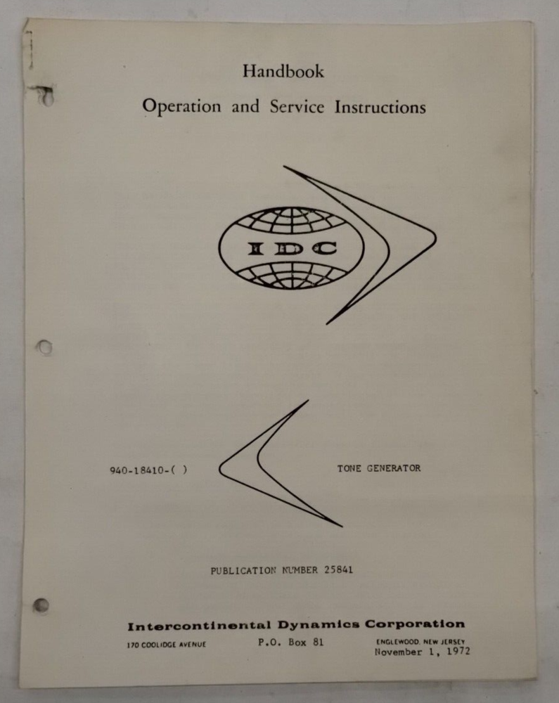Intercontinental Dynamics 940-18410 Tone Generator Operation & Service Instruct.