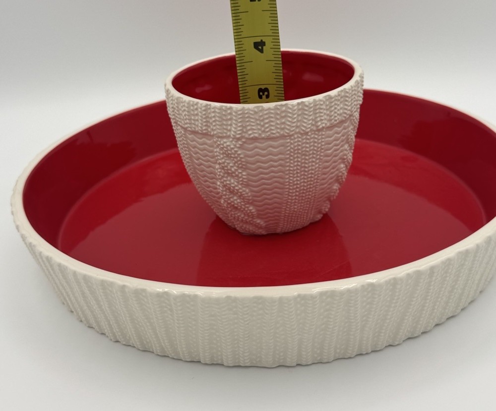12” Hallmark serving tray w-attached sweater bowl in Center for dip/ Red & White