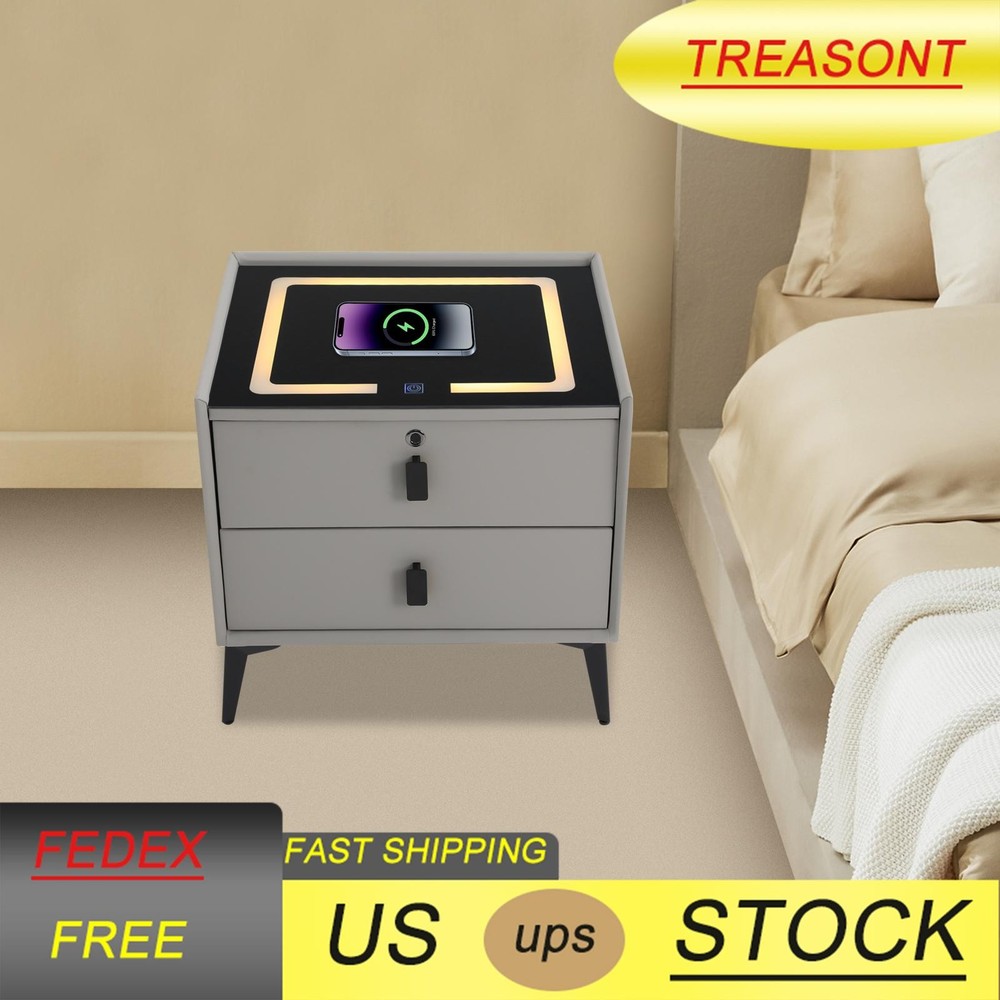 Bedside Table W/Wireless Charging Bluetooth Speaker Smart Nightstand W/Light&USB