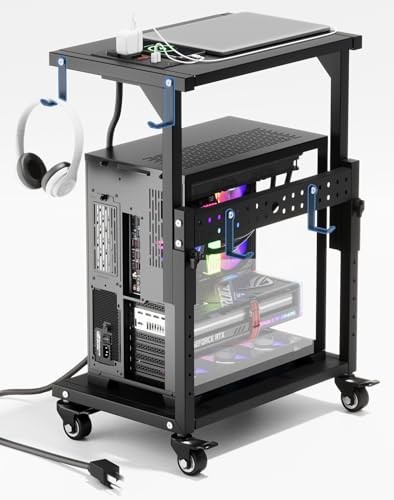 Computer Tower Stand with Power Outlet, 6 Level Height Ajustable PC Tower