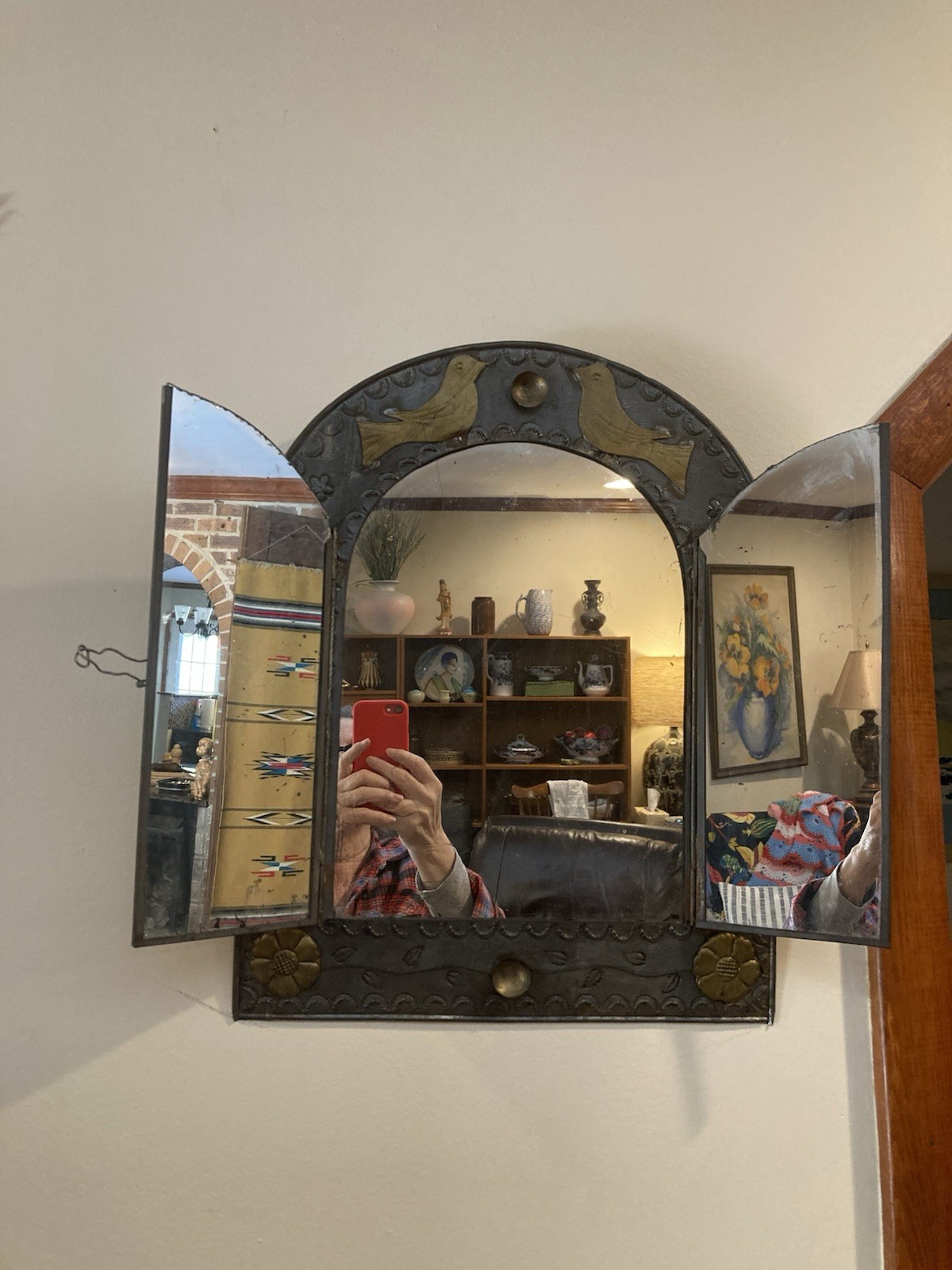 Antique Mexican Folk Art Punched Tin Mirror With Original Glass