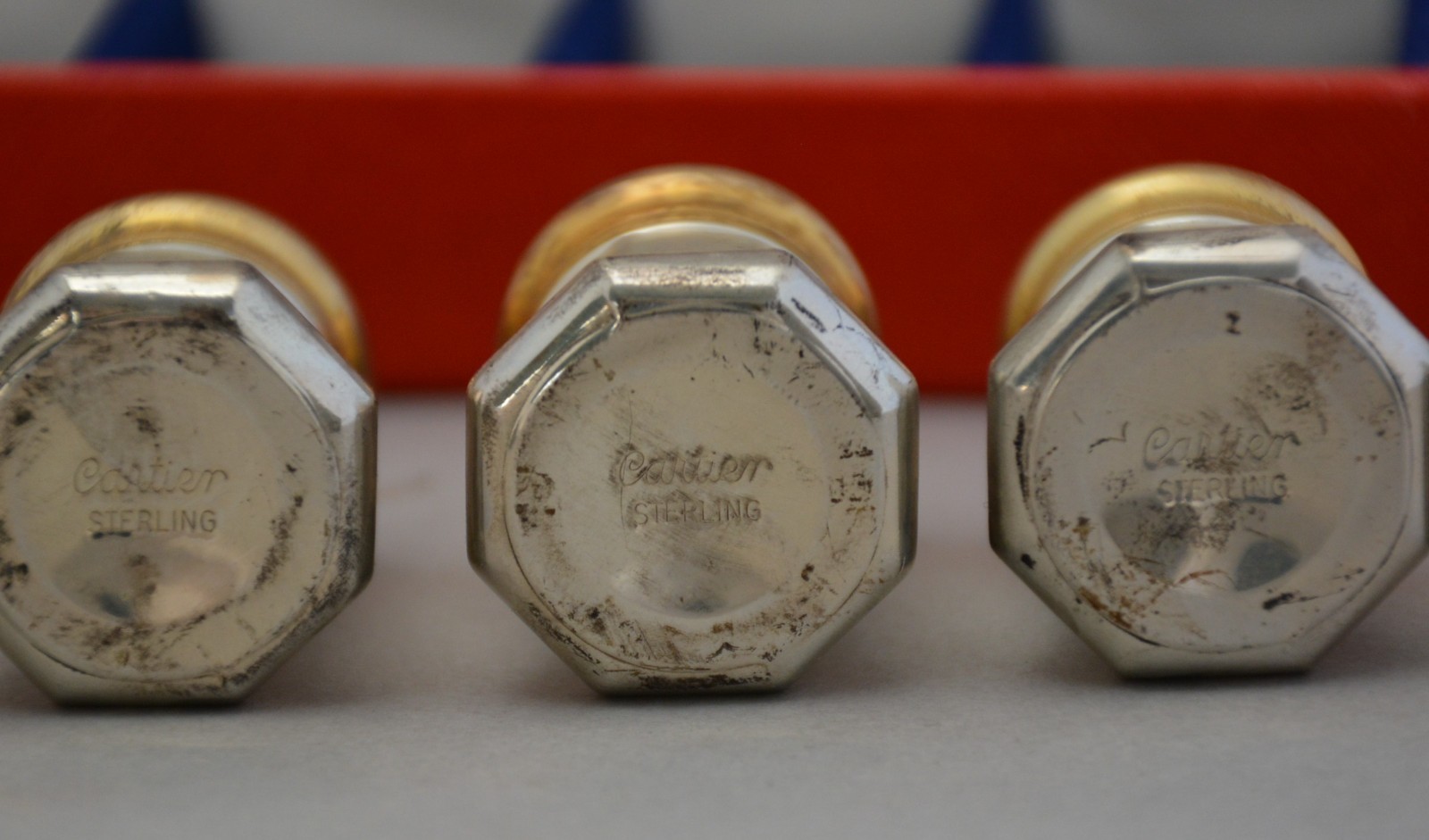 Cartier Silver Salt Pepper Shakers - Set of 8 - Original Box - 4 Gold Plated Lid