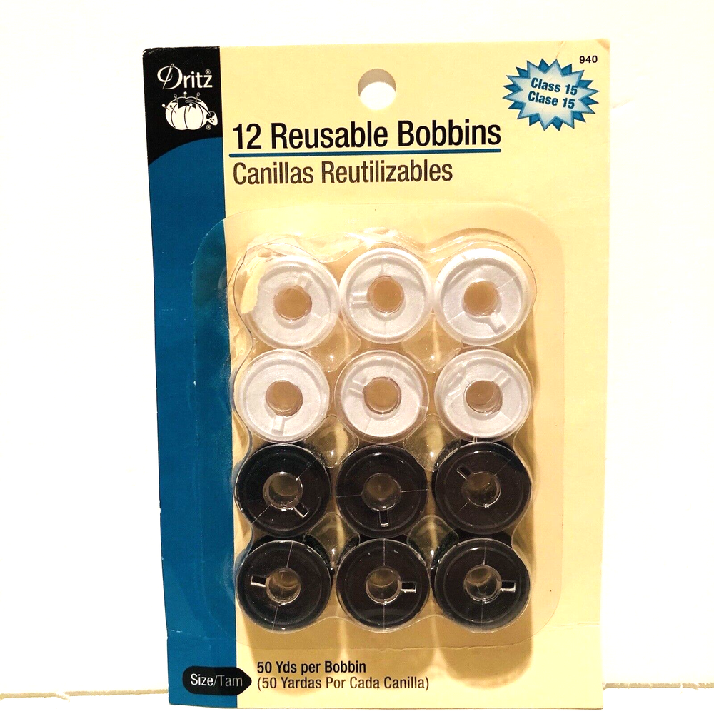 Dritz Class 15 Reusable Bobbins 940 Black White 12 PC 2006 Thread Size 50 Sew