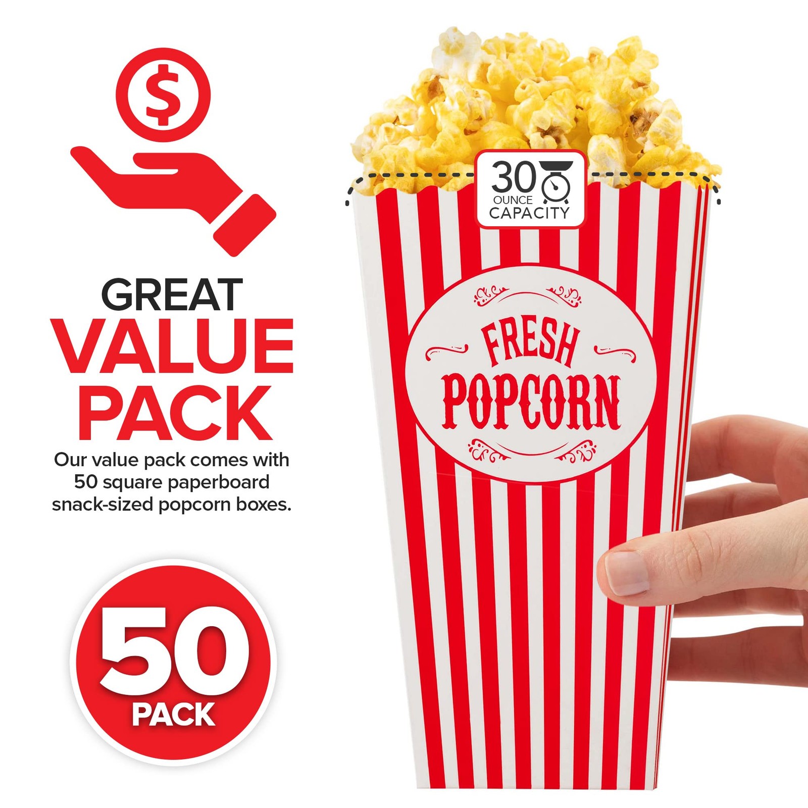 [50 Pack] Movie Theater Popcorn Boxes Disposable Red & White Striped - 30 oz
