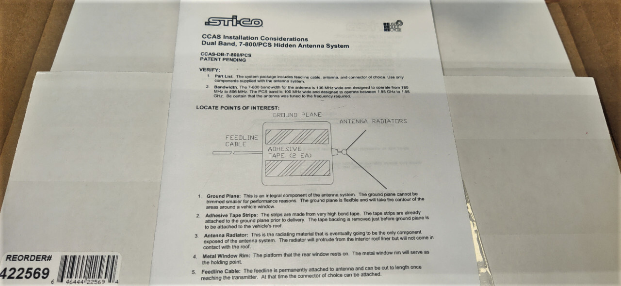STI-CO CONCEALED RADIO/CELLULAR/MOBILE DATA ANTENNA CCAS-DB-7-800/PCS DUAL-BAND