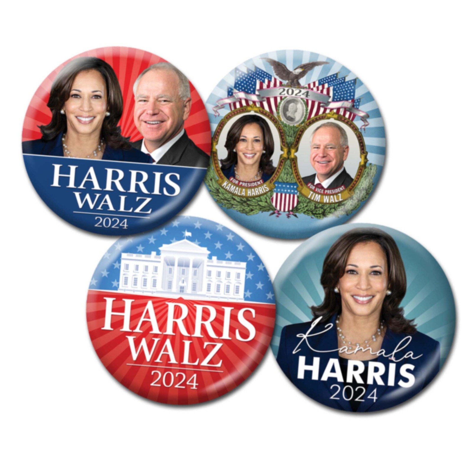 Harris Walz 2024 Buttons 4-pack 2.25" Kamala Tim photo and Campaign Pins