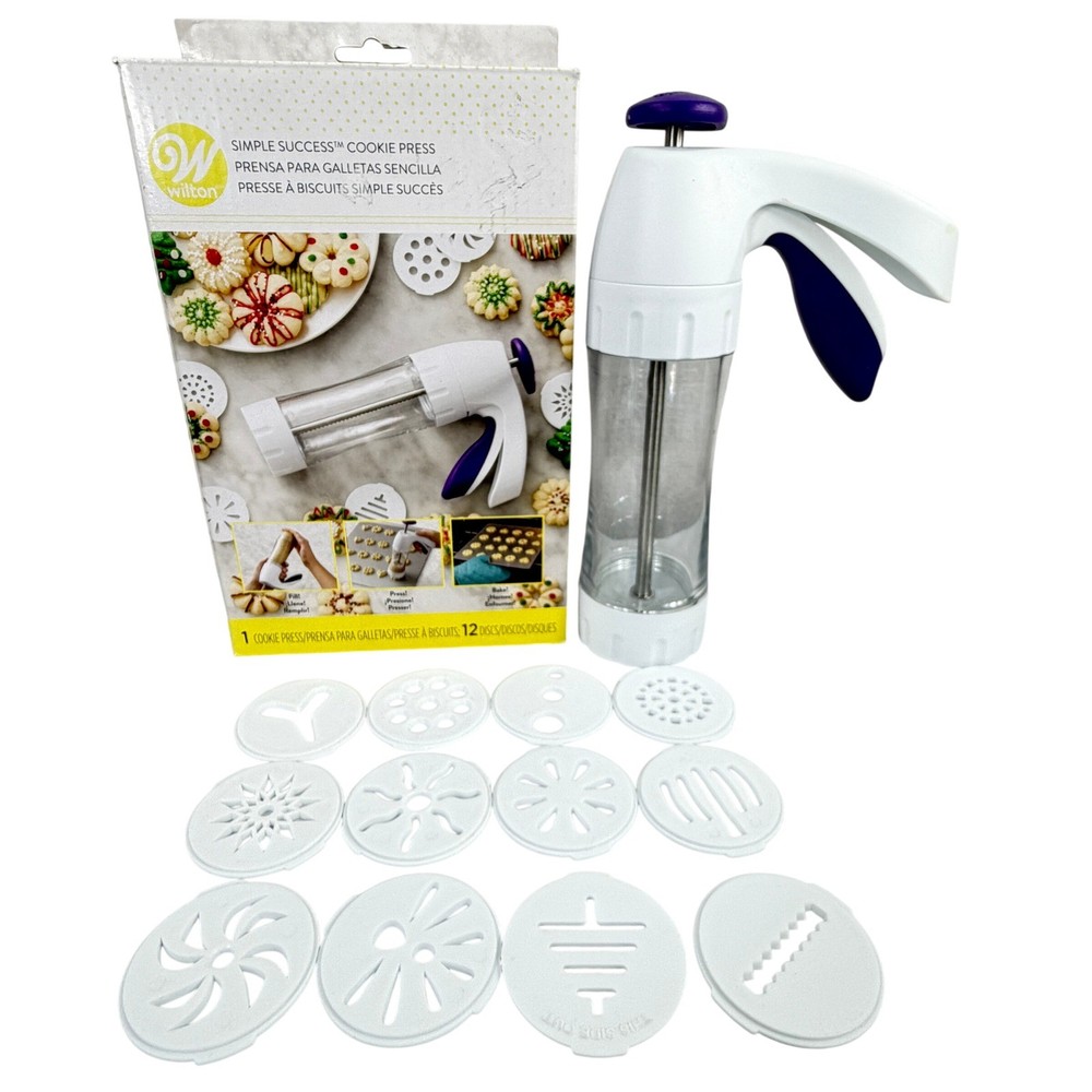 Wilton Simple Success Cookie Press White Purple 12 Discs Trigger Handle