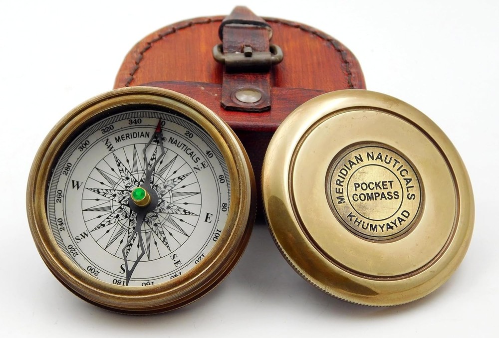 Brass Hand Made Fully Functional Compass with Leather Case & Robert Frost Poem E
