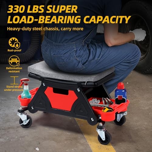 Mechanic Stool, 300 LBS Garage Stool on Wheels, Heavy Duty Regular Stool