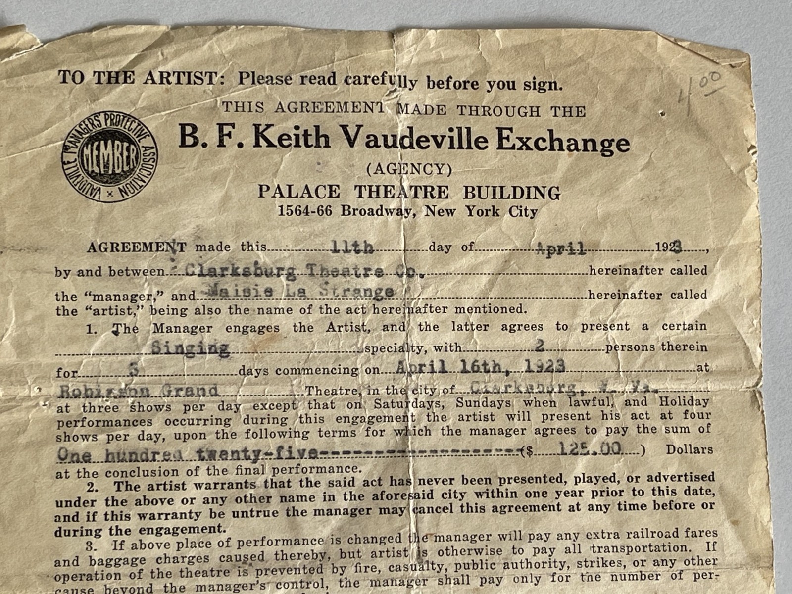 VINTAGE VAUDEVILLE SIGNED CONTRACT 1923 PALACE THEATRE NEW YORK