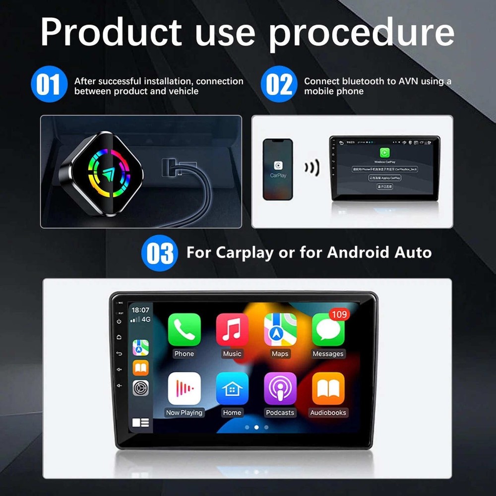 For Apple CarPlay Android Auto Wireless USB Adapter Dongle Bluetooth WiFi Unit