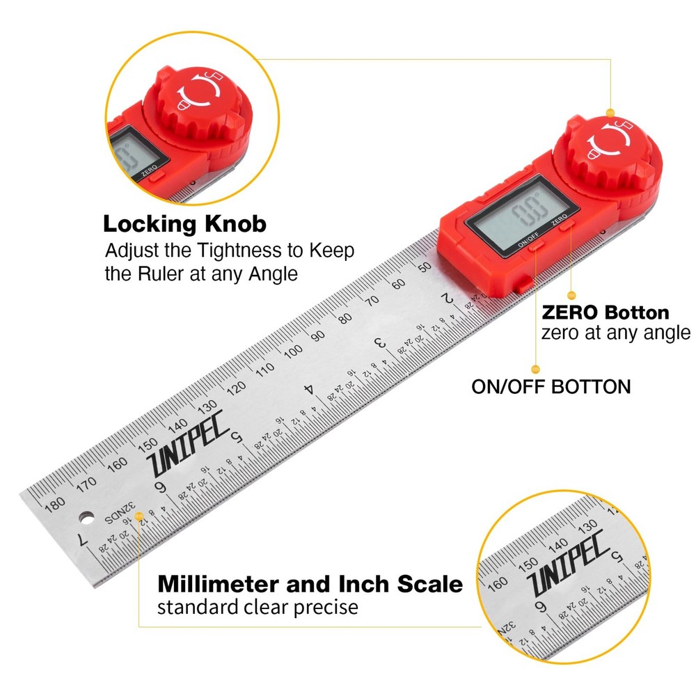 UNIPEC Digital Angle Finder Protractor, Ruler,Stainless Silver