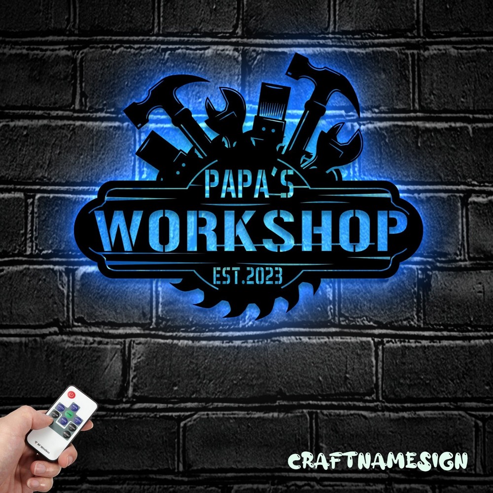 Personalized Garage Metal LED Sign, Custom Workshop Name Decor