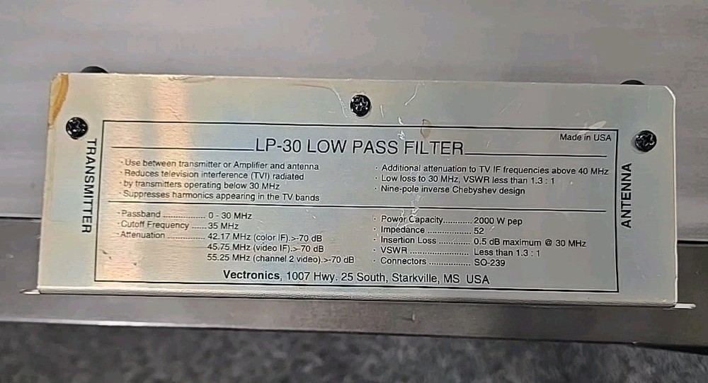 Vectronics LP-30 Low Pass Filter, 0-30 MHz