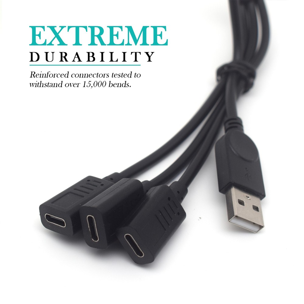 USB-A Male to 3 USB-C Female Splitter Charging & Data Sync Extension Cable lot