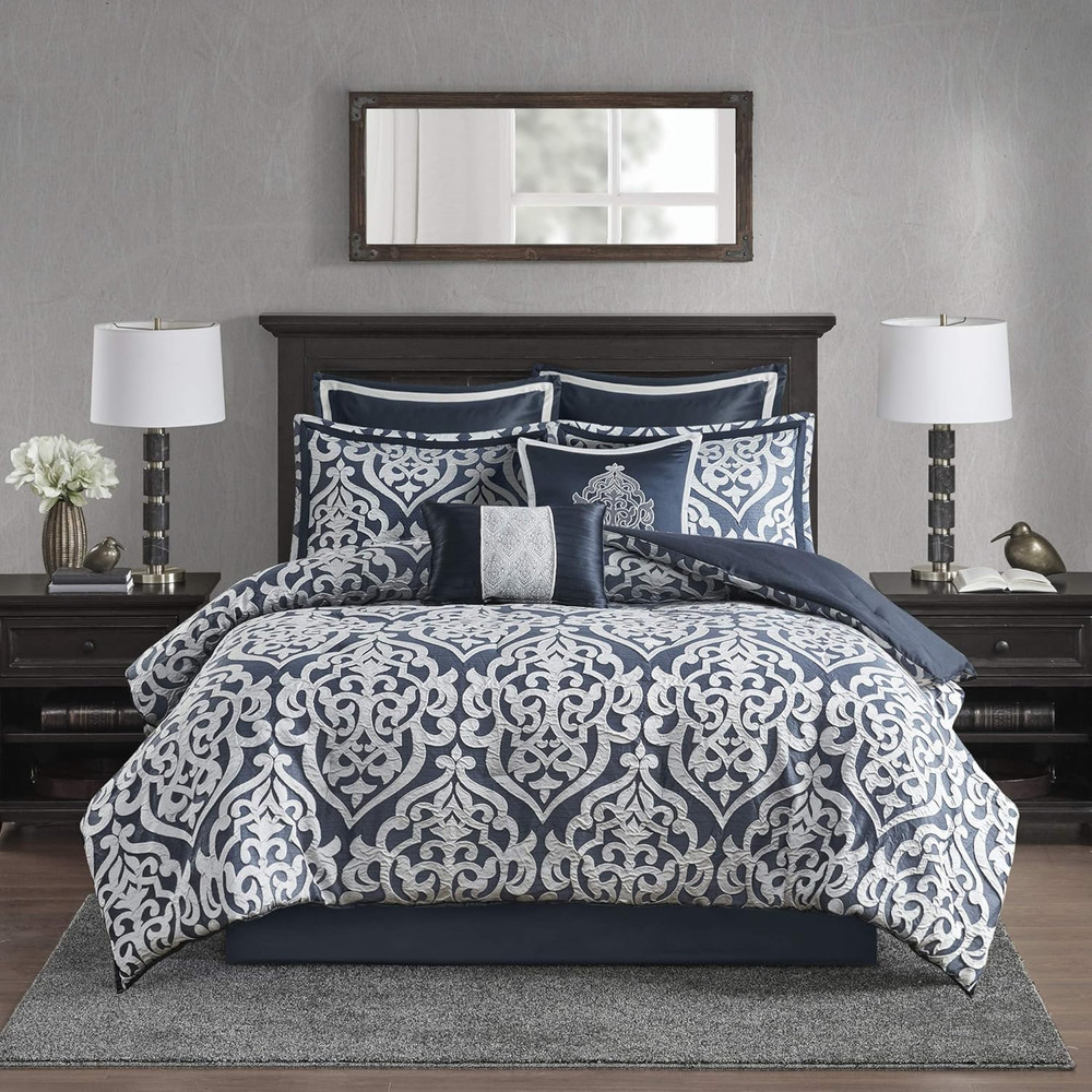 Odette Navy Cozy Comforter Set - 8 Piece King, Modern Damask Design