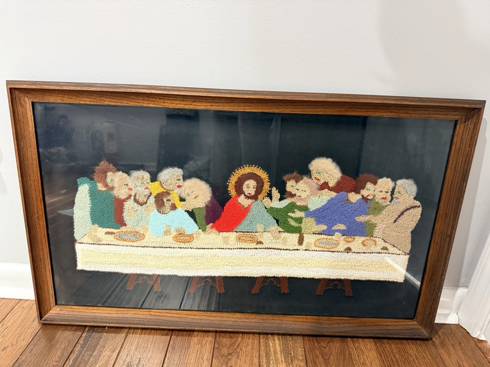 Embroidered Needlepoint Pieces Last Supper Wool Vintage Large Rug Framed