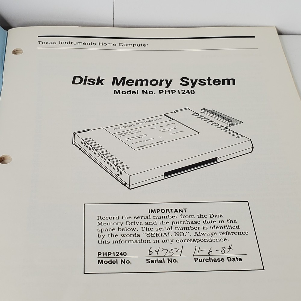 Texas Instruments TI Home Computer PHP1240 Disk Memory System Manual & Addendum