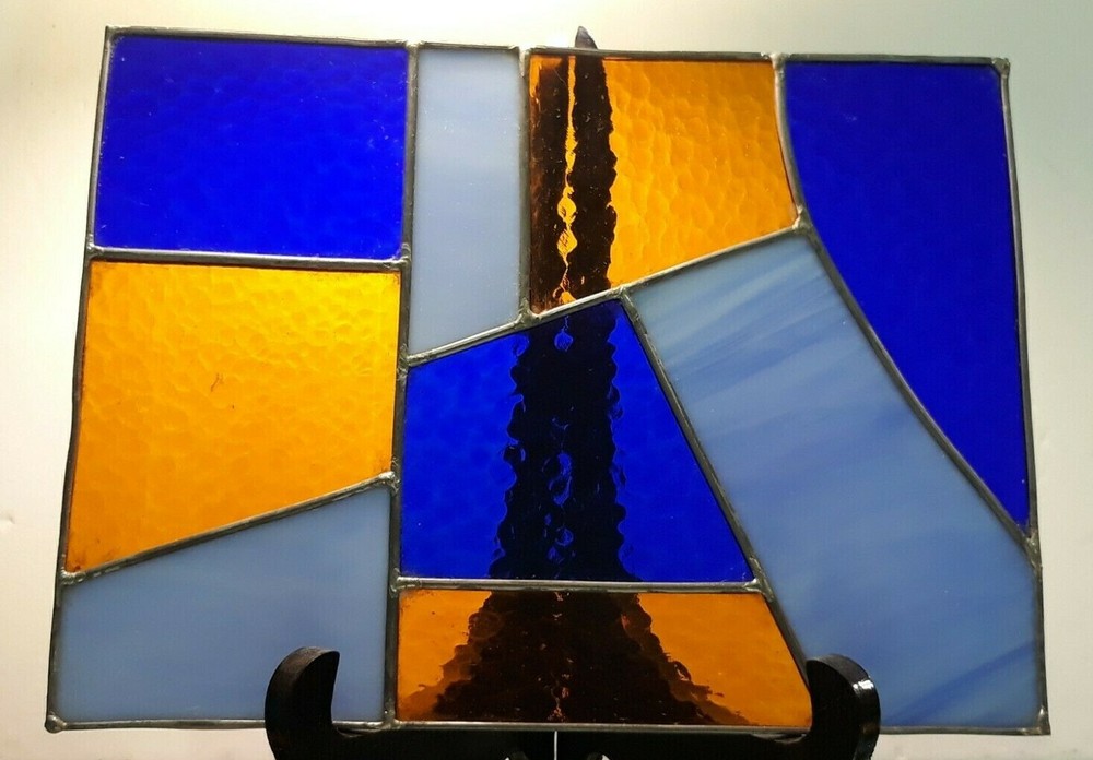Blue and Amber Stained Glass Unframed Geometrical Panel