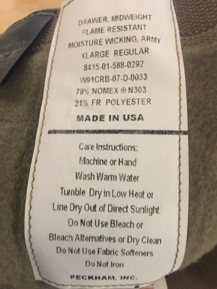 LONG JOHNS FLAME RESISTANT&WICKING, 2007,XLARGE REGULAR ,US MADE