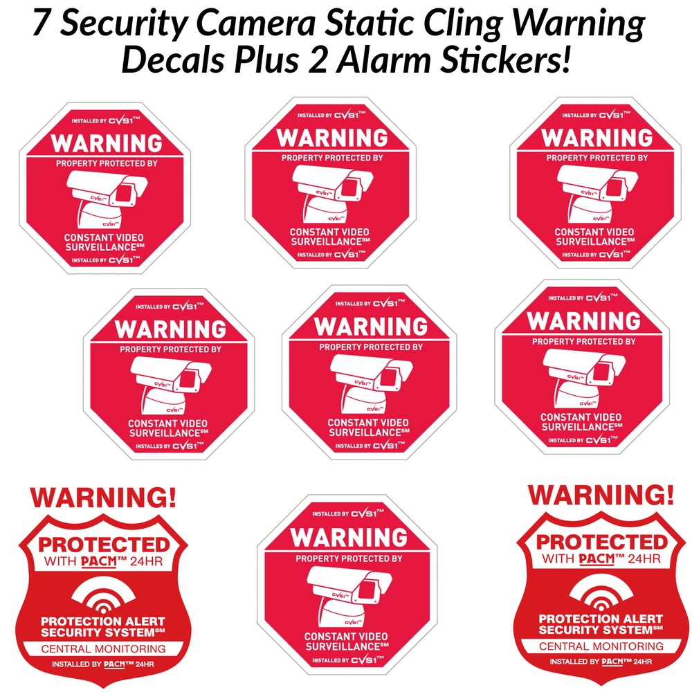 7 Security Camera CCTV  STATIC CLING Decals & 2 Alarm System Sticker See Store