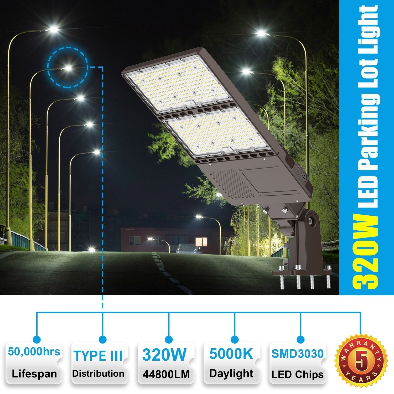 277-480V 44800LM 320W Commercial LED Shoebox Parking Lot Light Fixture Photocell