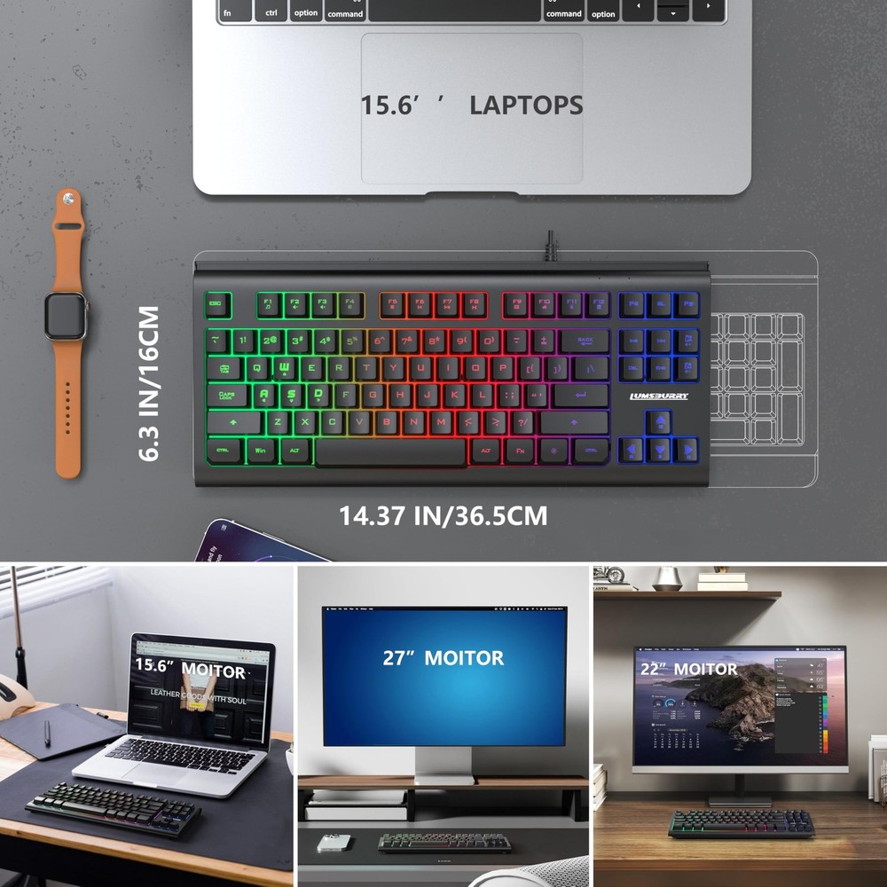 Computer Keyboard, 87 Keys Compact Wired USB Keyboard with Rainbow LED Light ...