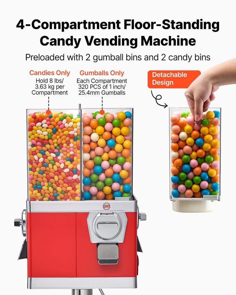 VEVOR Candy Vending Machine Four Compartment Candy Vending Machine with Stand