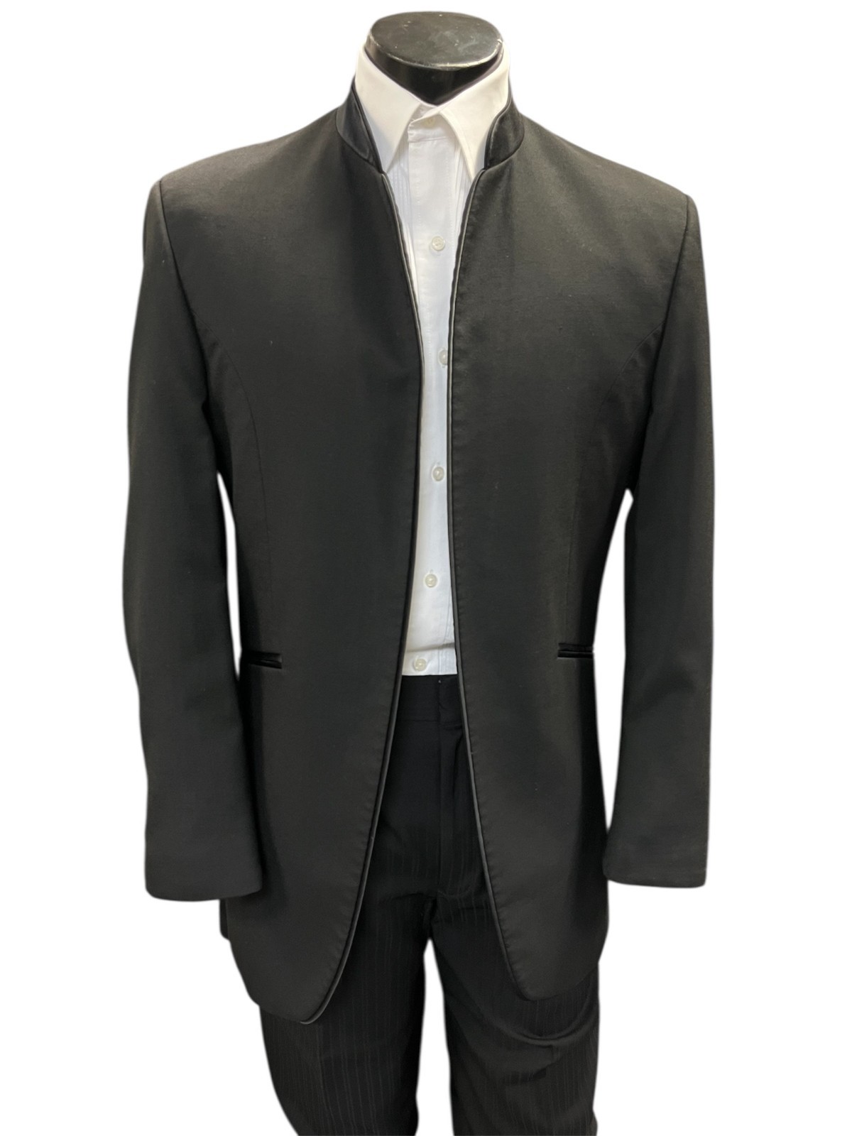 Men's Black Mandarin Nehru Collar Tuxedo Jacket with Satin Trim Formal