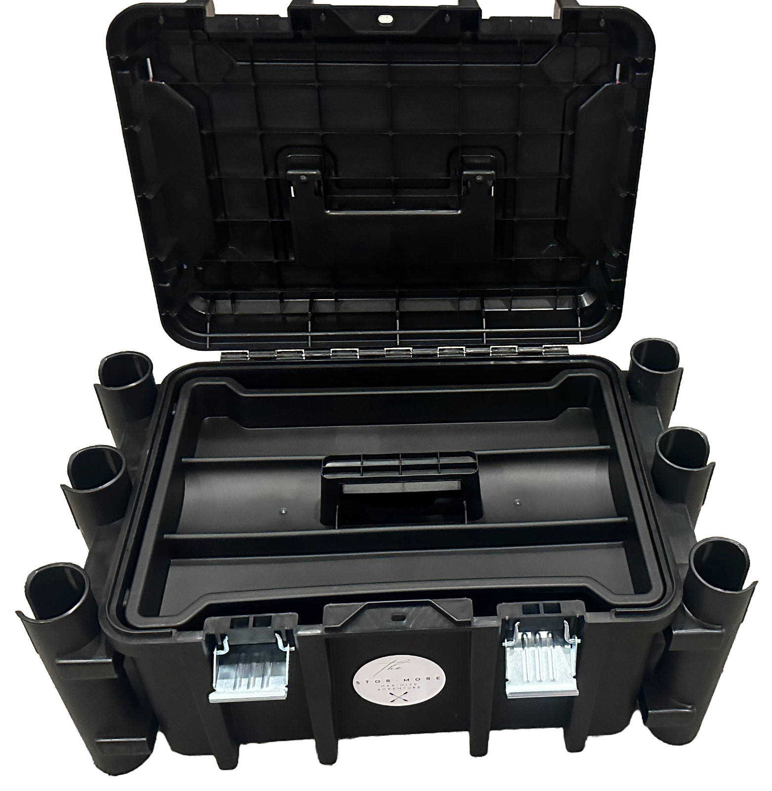 Kayak Fishing Crate -6 Integrated Rod Pole Holders, Tackle Box Storage, Lockable