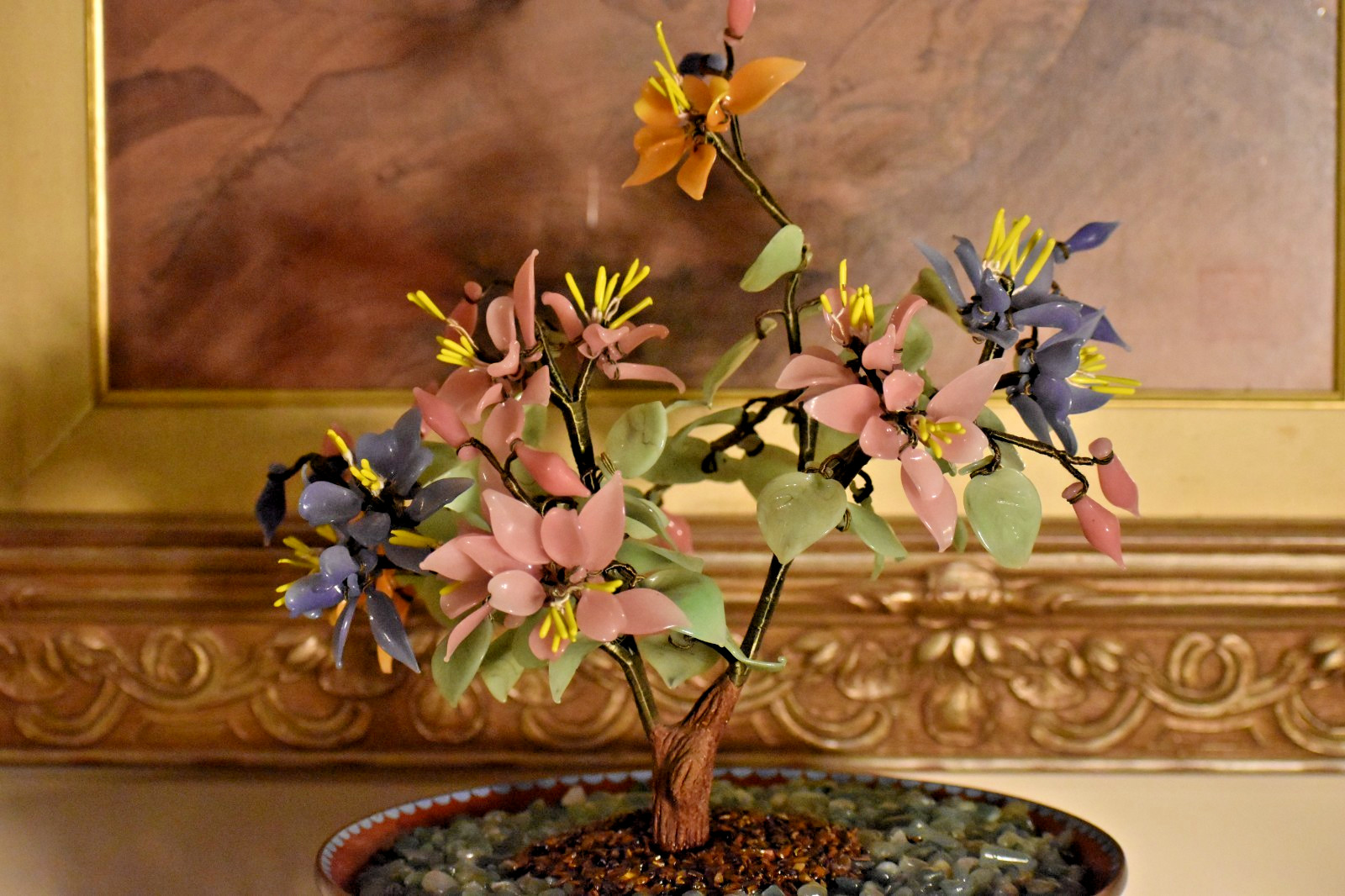 18" VINTAGE BONSAI PEKING GLASS TREE IN 10" BLUE CLOISONNE BOWL W/ EBONY BASE