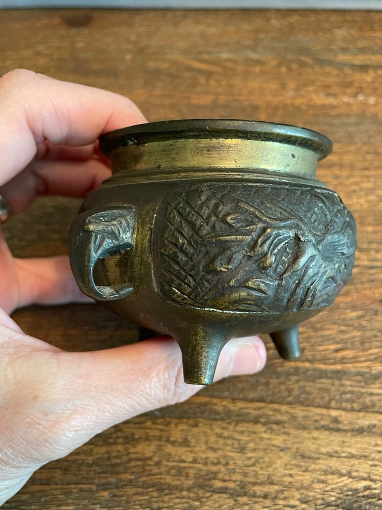 Foo Dog Incense Pot Brass with Elephant Handles