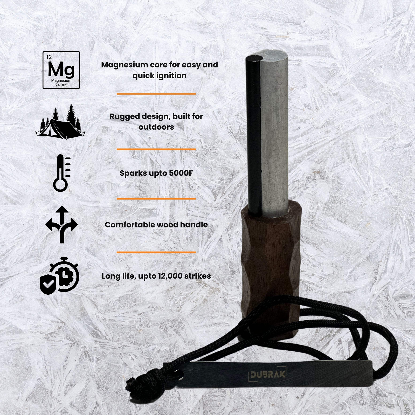 Dubrak Heavy-Duty Magnesium Fire Starter Ferro Rod for Camping