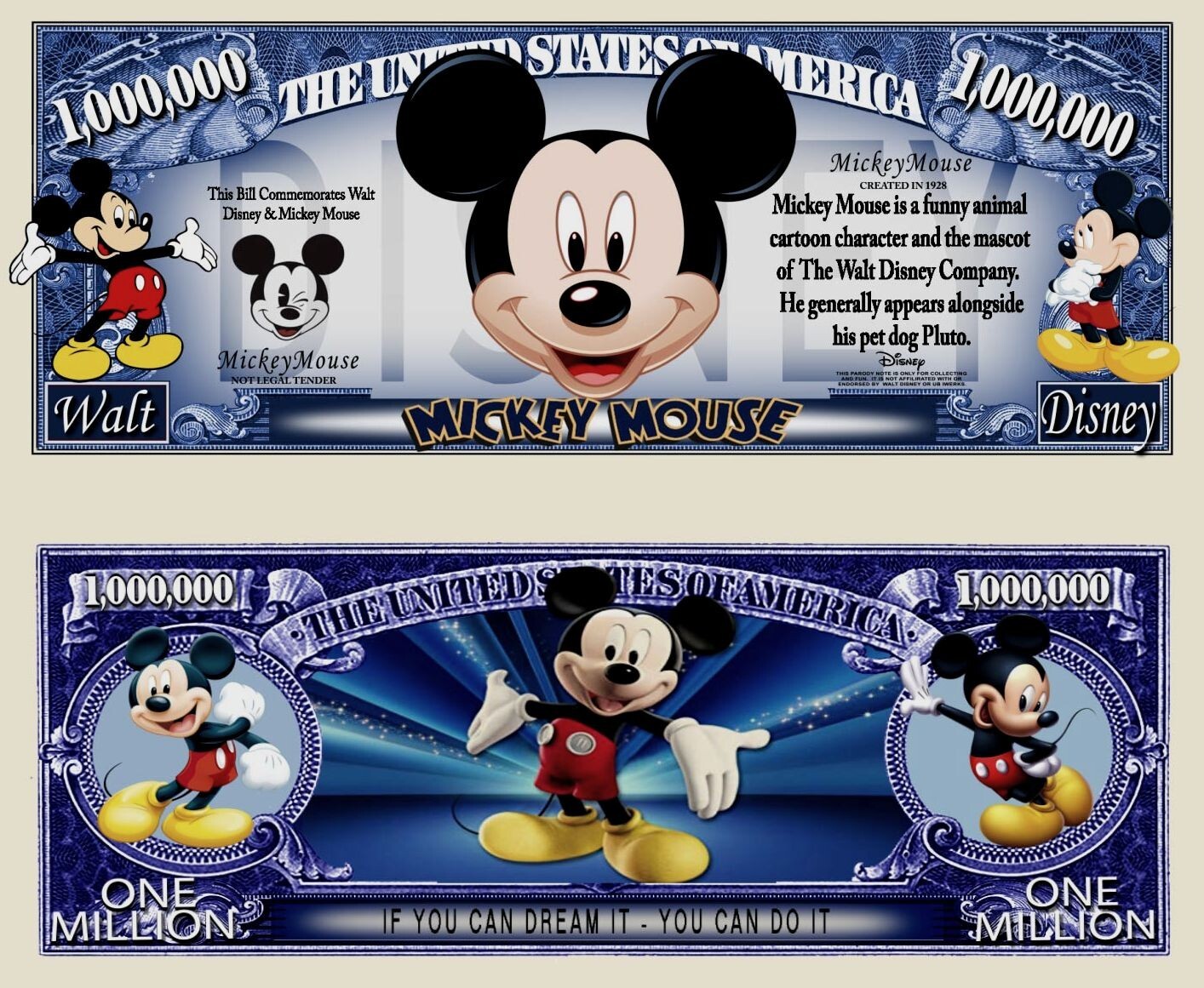 Mickey Mouse Million Dollar Bill Play Funny Money Novelty Note + Free Sleeve