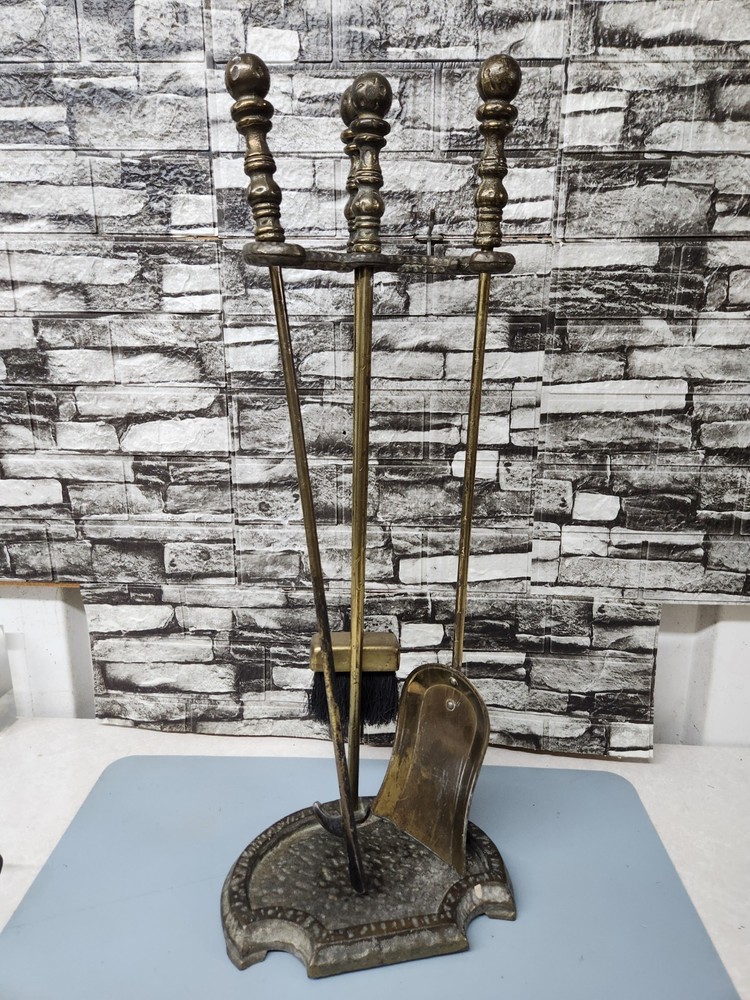 Vintage Solid Brass Fireplace Tool Set with Decorative Stand