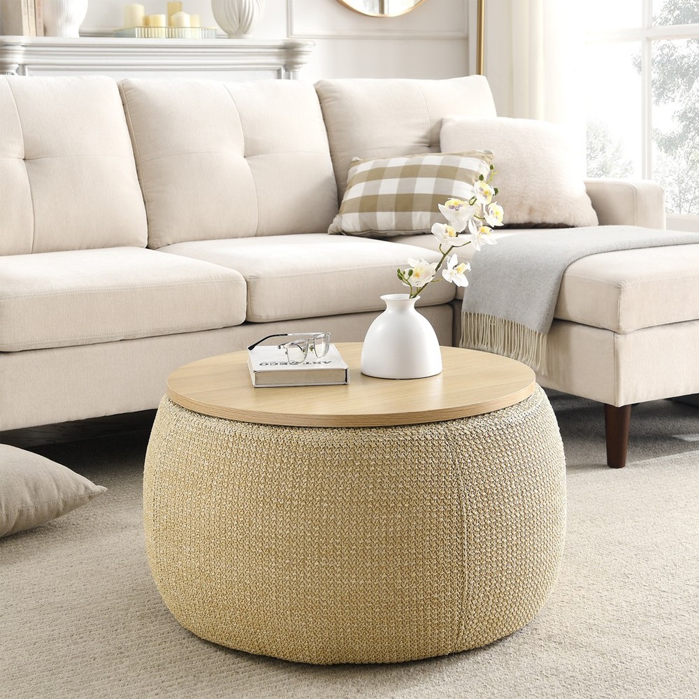 Round Storage Ottoman 2 in 1 Function Work as End Table Natural