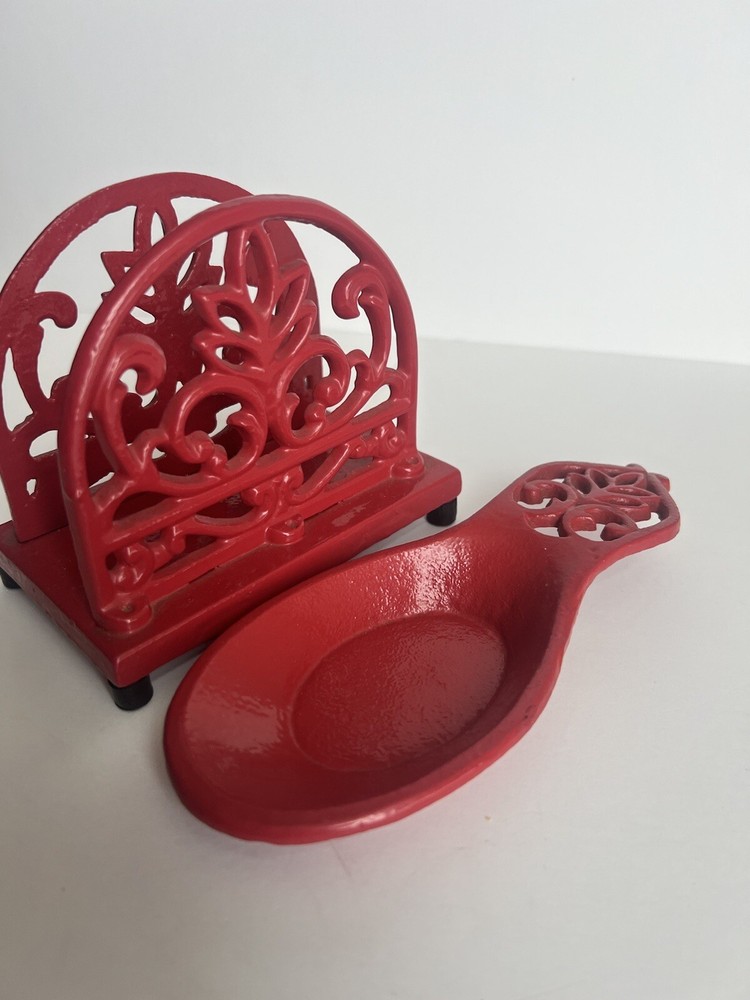 Red Enameled Solid Cast Iron Rounded Napkin Holder and Spoon Rest Set
