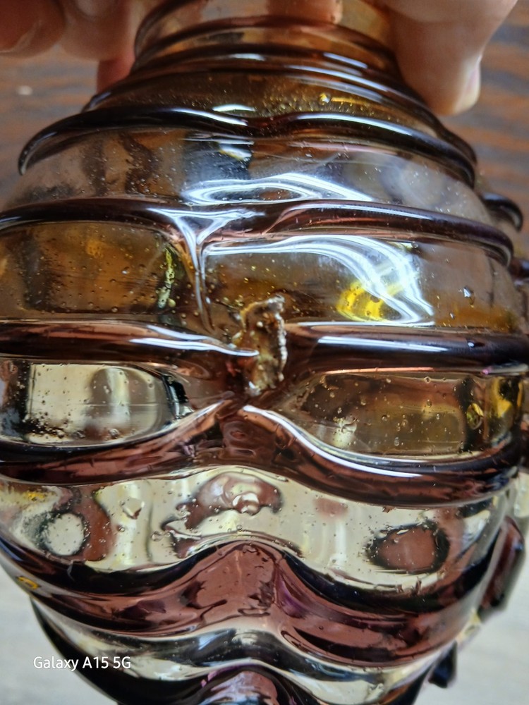 BUBBLE GLASS PITCHER Purple Stripes 18oz Attached Handle & Base